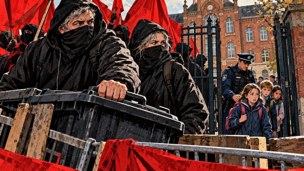 Schülerprotest? Warum stehen dann Vermummte über 40 vor der Schule?